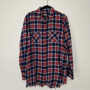 One 24 Rags Tunic Button Up‎ Plaid Distressed Cotton Flannel Top Women’s Size XL